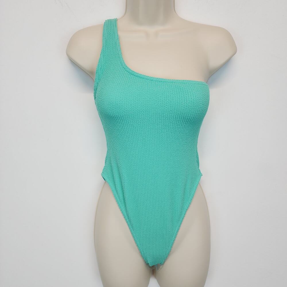 Topshop One Piece Swimsuit Size XS Blue Green One Shoulder Crinkle Rib F100251
